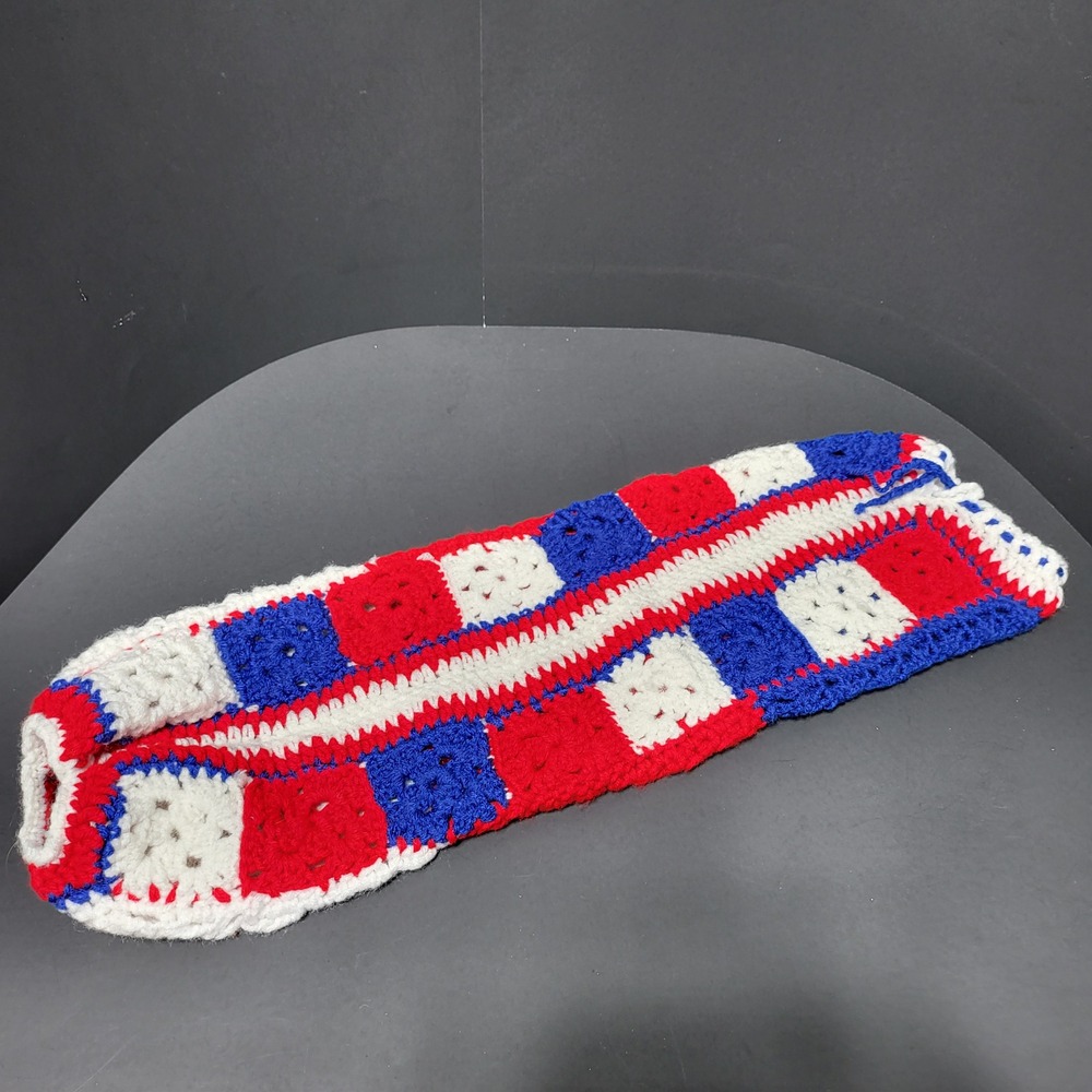 Handmade Crochet Plastic Bag Holder Red White Blue Granny Square Patriotic 23in